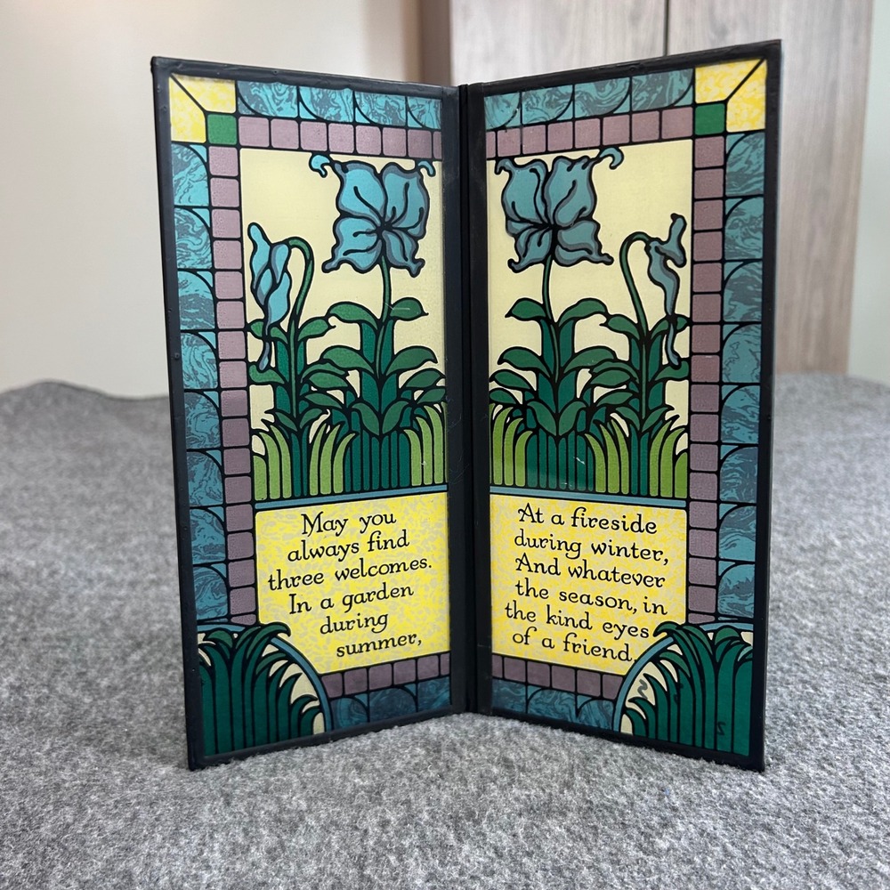Vintage Yorkraft Glass Stained Glass Art Nouveau Irish Blessing Folding Screen